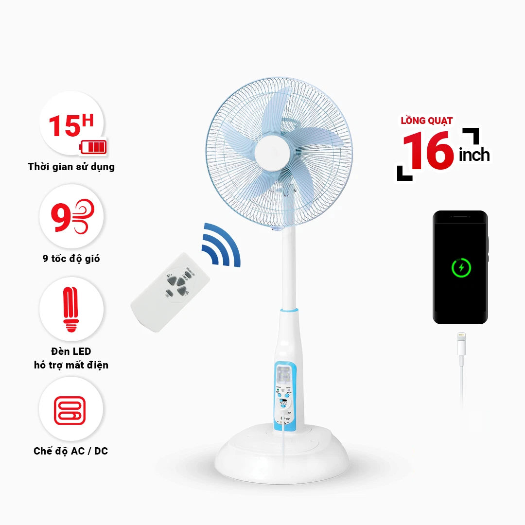 Quạt Sạc Tích Điện Kiểu Đứng Điều Khiển Remote 16 Inch HJD-FL602 Tích Hợp Đèn LED Và Cổng Sạc USB - Hàng Chính Hãng