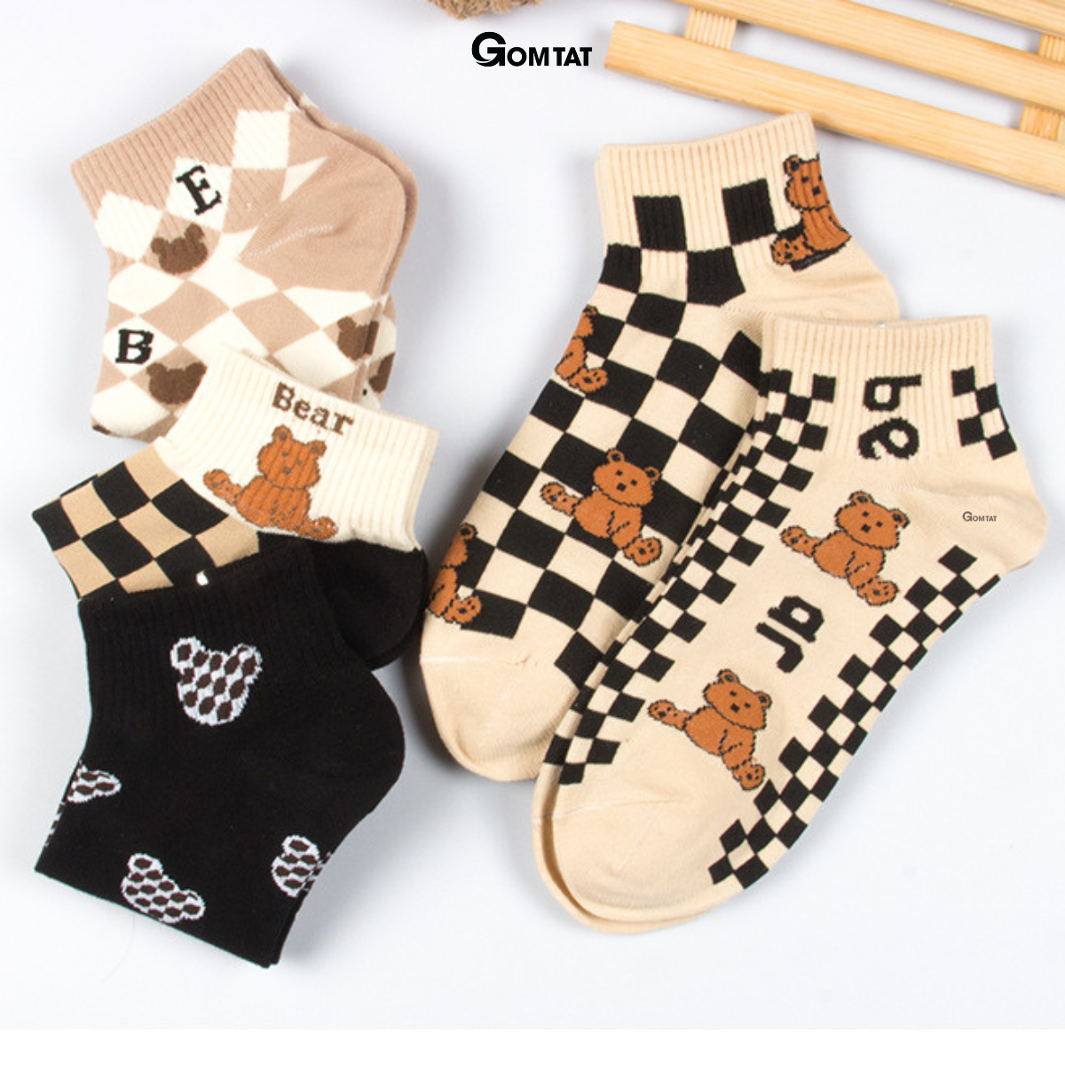 Set 5 đôi tất nữ cổ ngắn họa tiết gấu caro, vớ nữ cổ thấp chất liệu cotton mềm mịn thoáng mát - LISU36-GAUNGAN