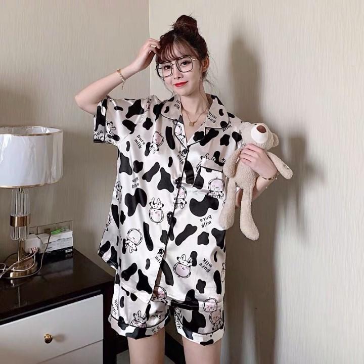 Bộ Pijama lụa cho nữ họa tiết Bò Sữa hot nhất mùa hè 2021- Bộ ngủ đồ mặc nhà chất vải trơn nhẹ cực chất B053