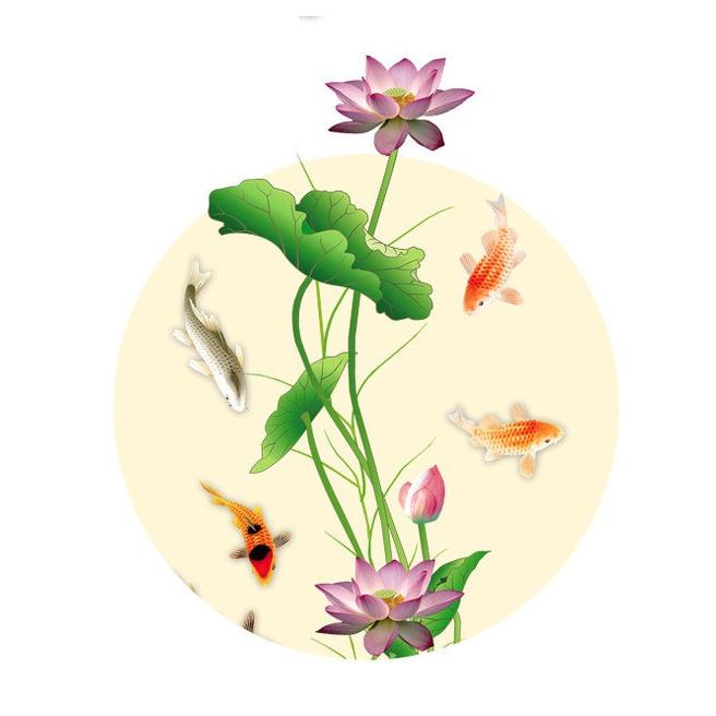 Decal trang trí dán tường - SEN HỒNG CHỮ HOA CÙNG ĐÀN CÁ PHÚ QUÝ
