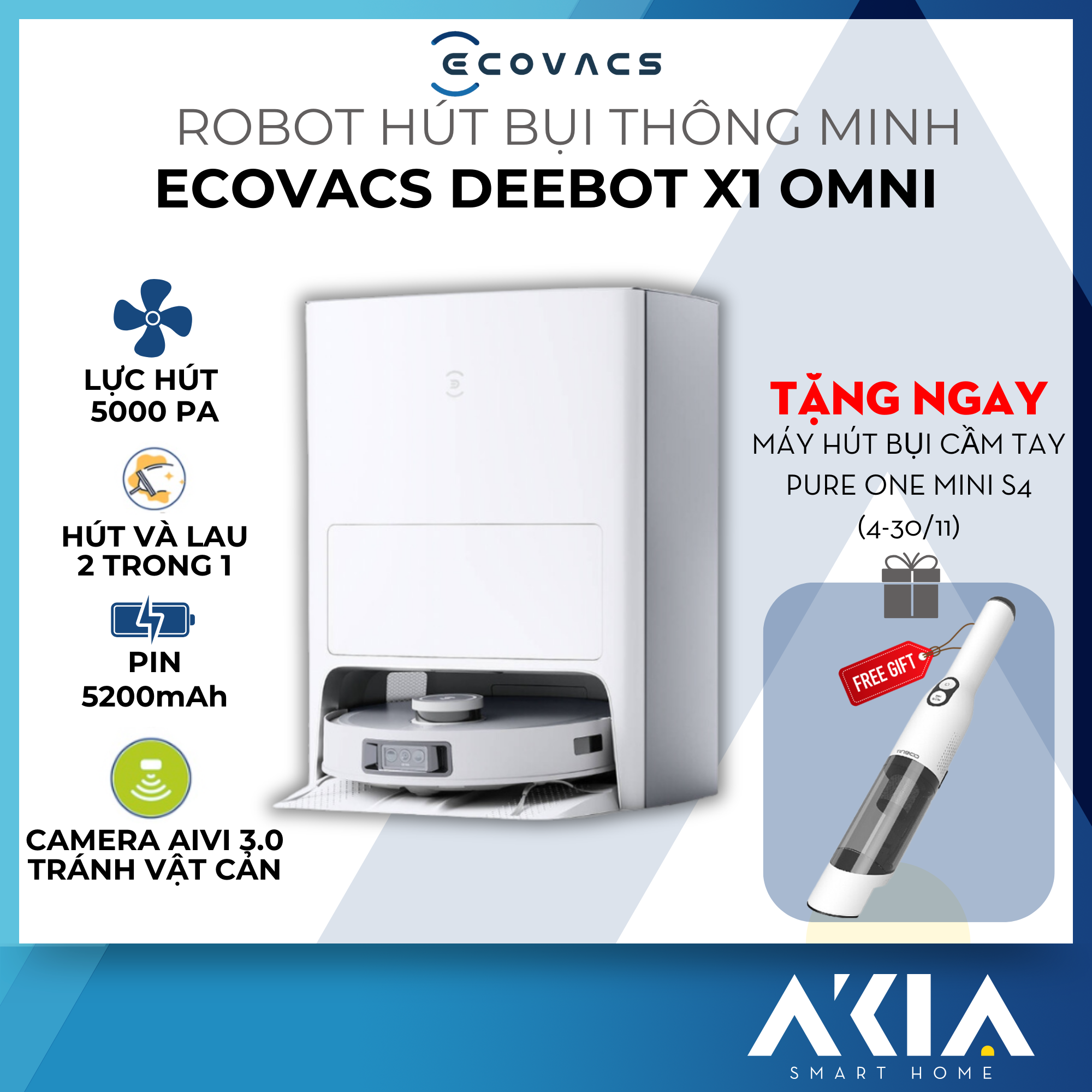 Robot hút bụi lau nhà thông minh Ecovacs Deebot X1 Omni - Tự động xả rác, Tự động giặt khăn lau, Tích hợp camera ghi hình - HÀNG CHÍNH HÃNG