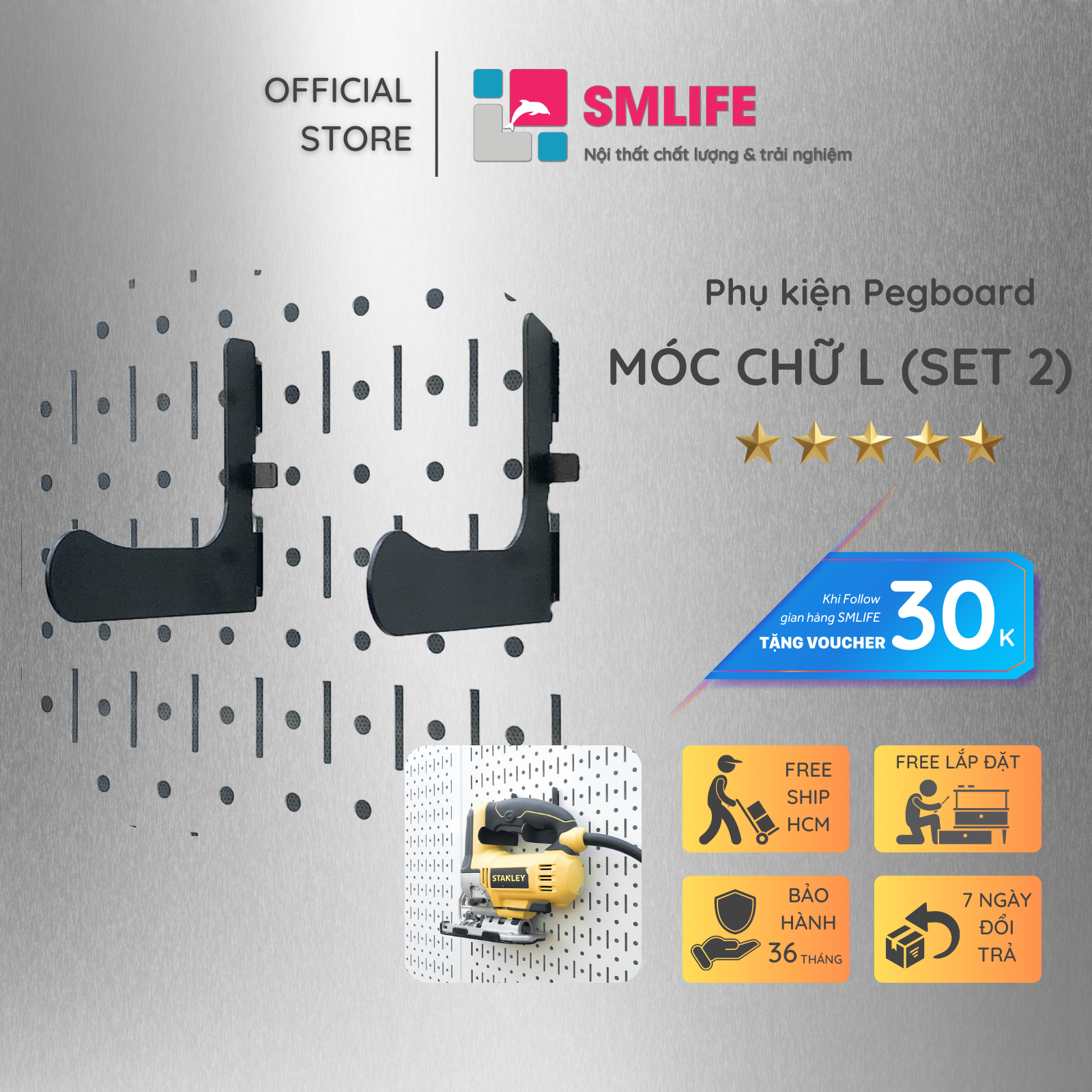 Bộ 2 móc chữ L - Phụ kiện móc treo dụng cụ Pegboard