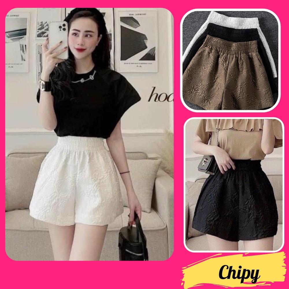 Quần Short Đùi Nữ Dập Nổi 3D Xốp Phồng CHIPY Cao Cấp Short Ống Rộng Sọt Lưng Thun Cạp Cao Sooc Ngắn Unisex Trắng Đen Xám