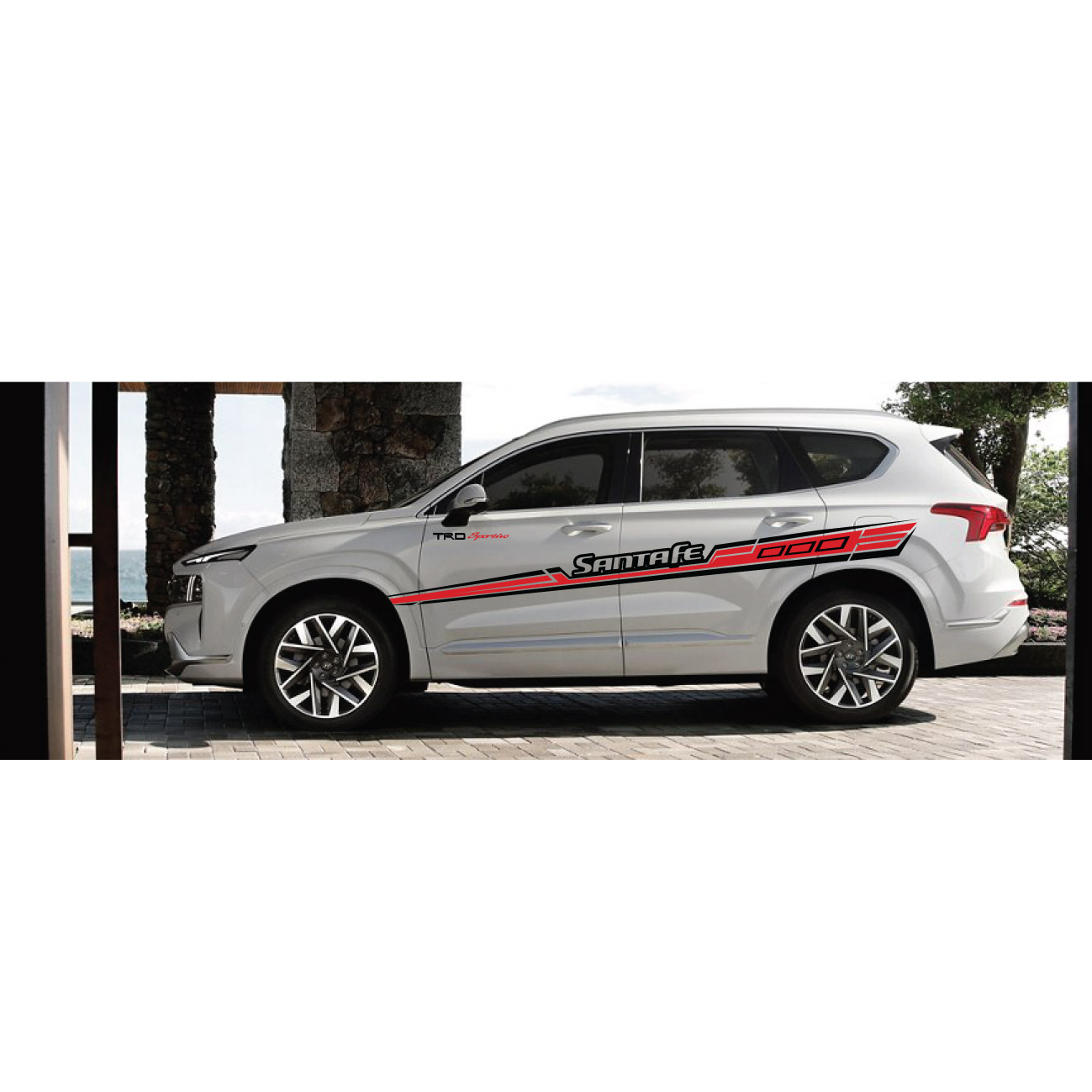 Decal cho oto Santa Fe TRD, tem xe trang trí, tem dán sườn xe, WRAP 9, KT 284x22cm