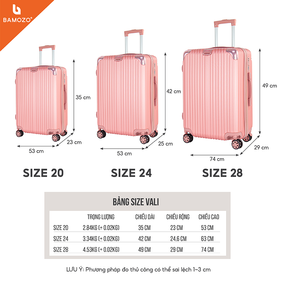 Vali du lịch BAMOZO 8809 MÀU VÀNG ĐỒNG size 20/24/28 , vali nhựa kéo bảo hành 5 năm