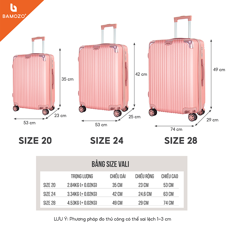 Vali du lịch BAMOZO 8809 MÀU TRẮNG size 20/24/28 , vali nhựa kéo bảo hành 5 năm
