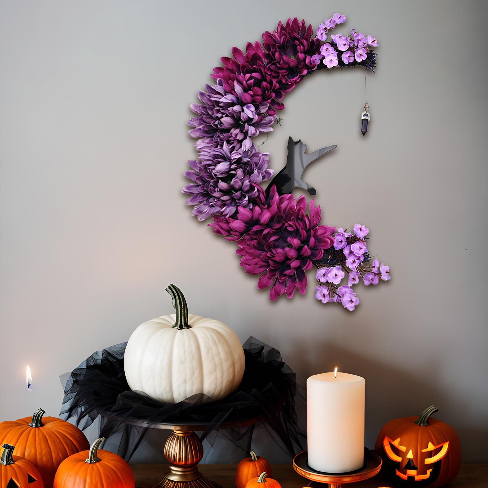 Halloween Moon and Cat Hanging Garland Wreath Decoration 35x25cm for Front Door