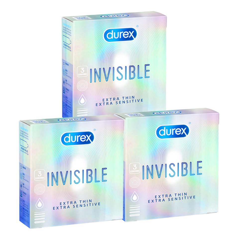 Bộ 3 hộp bao cao su Durex Invisible  Extra Thin Extra Sensitive siêu mỏng, size 52mm, 3 bao/hộp