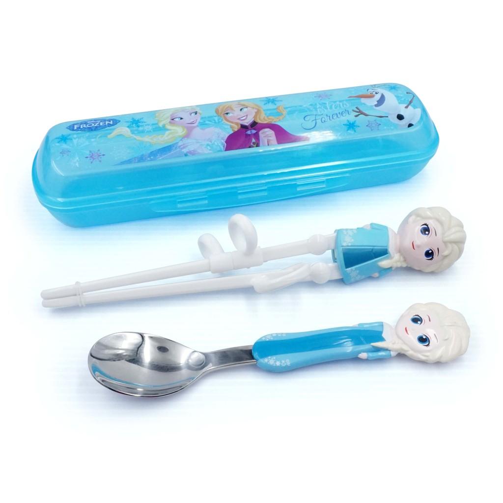 Bộ muỗng đũa tập ăn Elsa , Anna  3D- Disney kèm hộp đựng cho bé