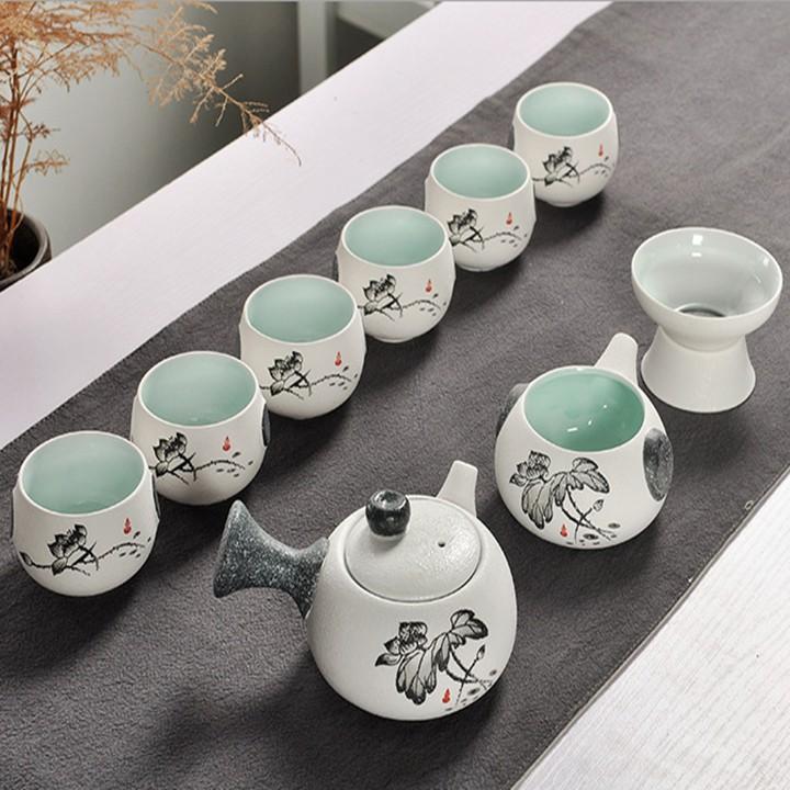 Bộ ấm pha trà chất liệu sứ cao cấp, Bộ trà đạo hoa sen