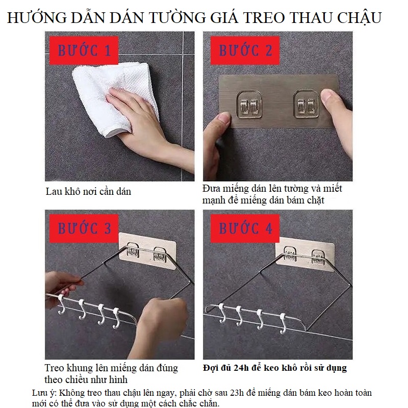 Giá Treo Rổ Rá, Thau Chậu và Dụng Cụ Bếp Dán Tường Không Khoan Đục Kèm 4 Móc Treo Đồ Tiện Lợi MTC1