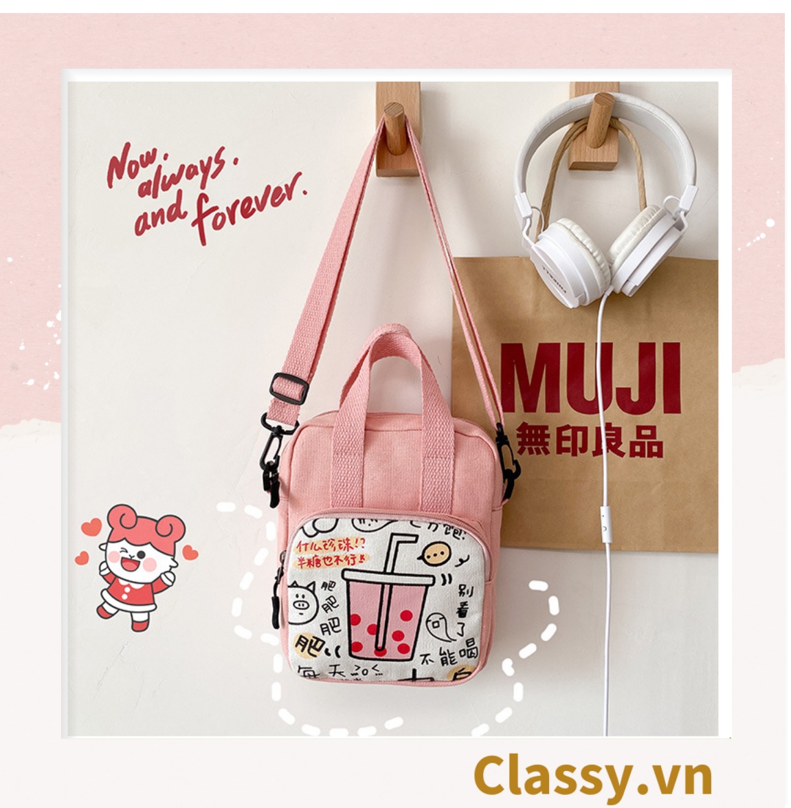 [XẢ KHO]Túi xách Classy vải canvas nhiều ngăn, họa tiết trà sữa, nhiều màu sắc xinh xắn T597