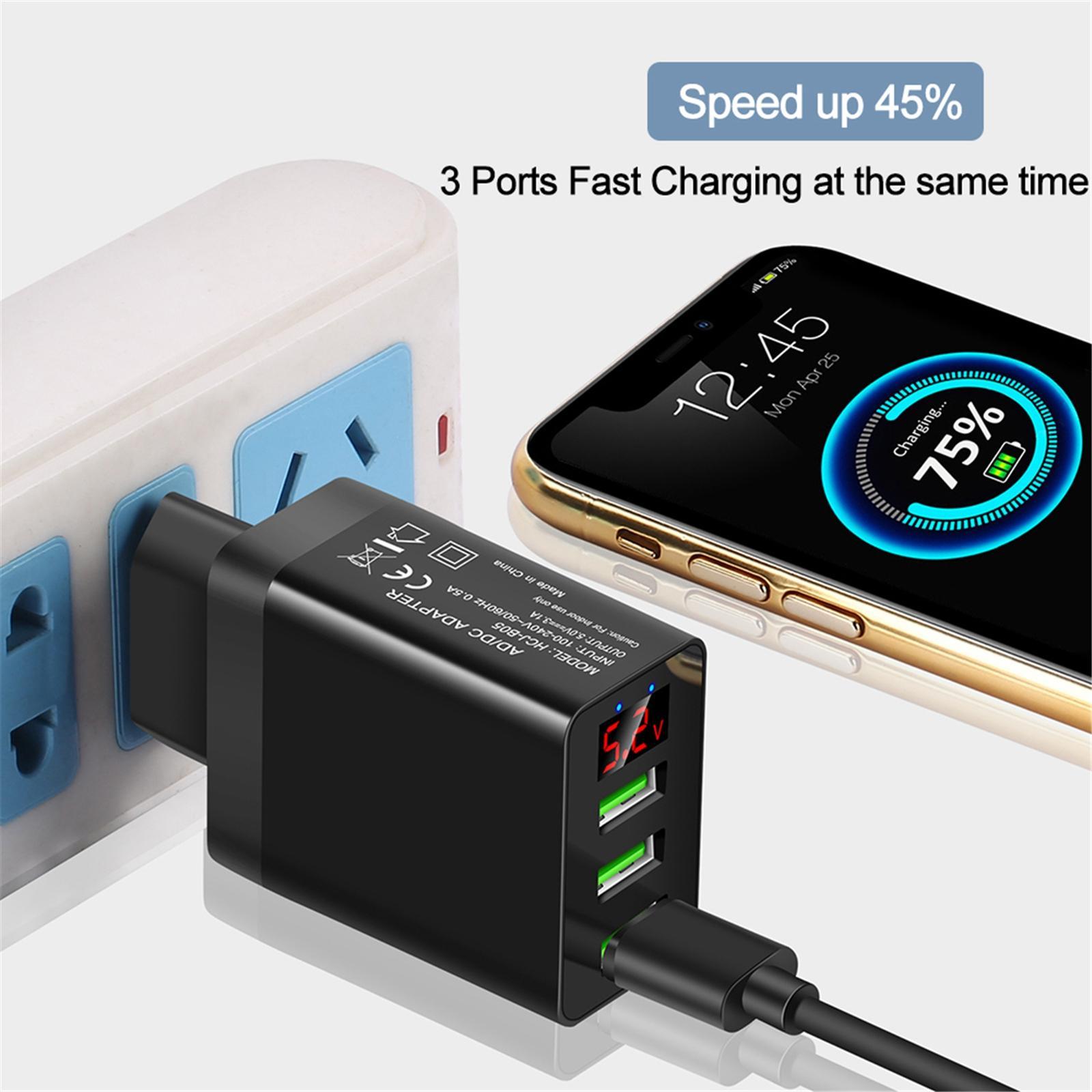 3USB Digital Display Fast Charging  with Display Compact Multi  Phone Charger Fast Charging Block for Travel Charging