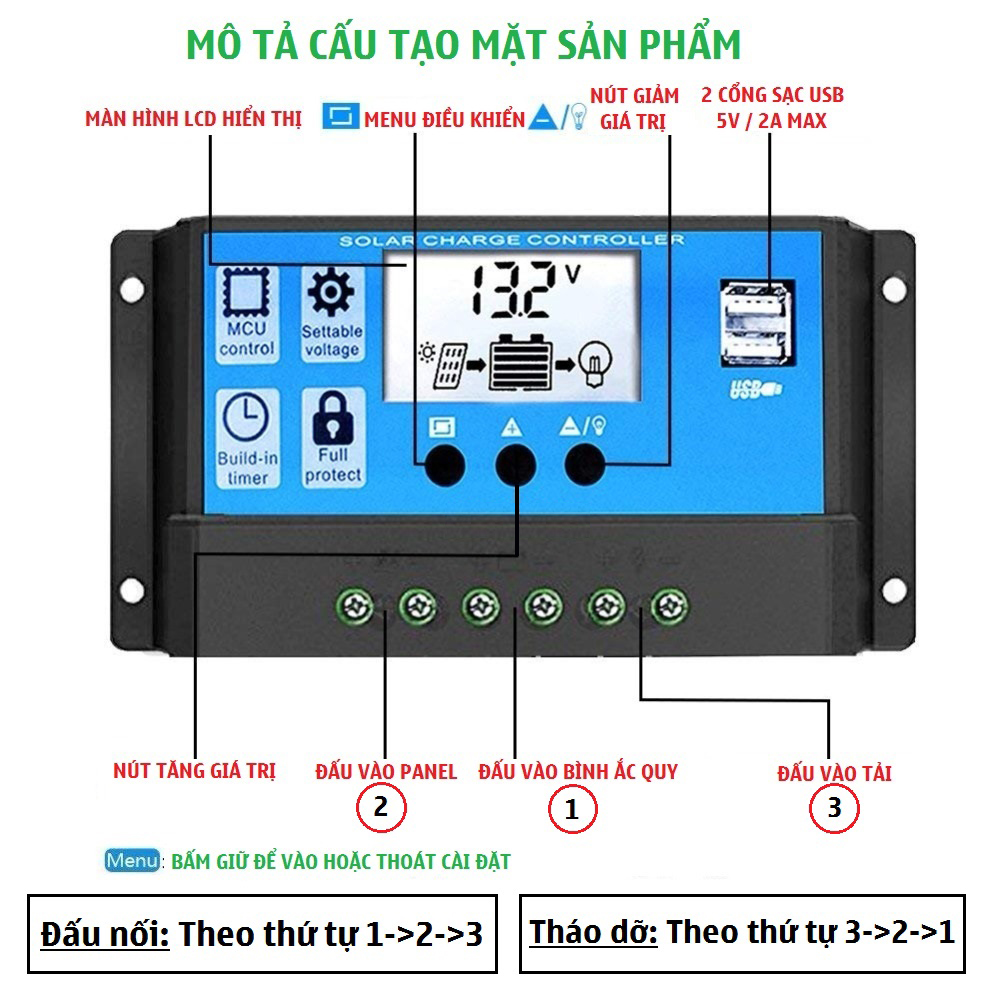 Điều khiển sạc pin năng lượng mặt trời 12V 24V 30A tự nhận bình