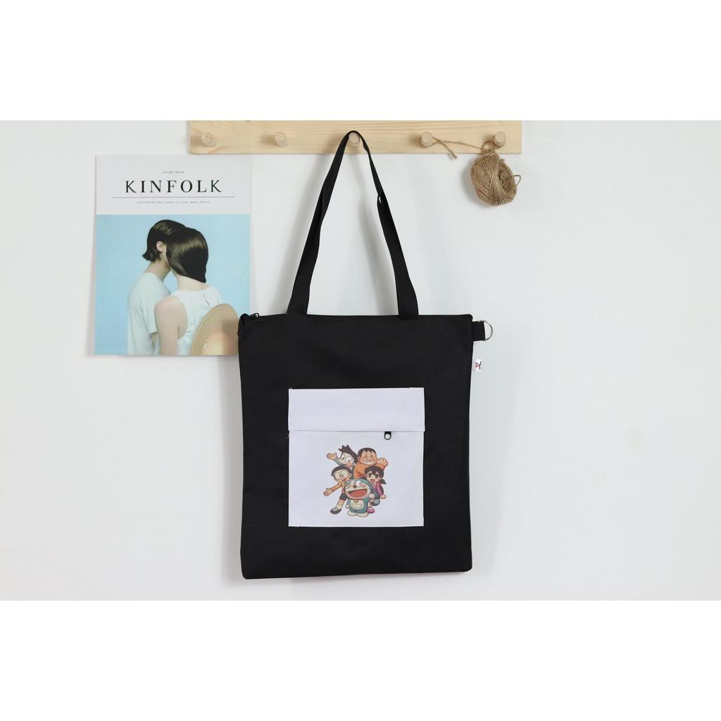 Túi Tote, Túi Vải Unisex, Form Hàn Quốc, Có Dây Đeo Vai Đeo Vai, Màu Đen From Dáng Vuông,Hình Ngăn Ngoài Dễ Thương