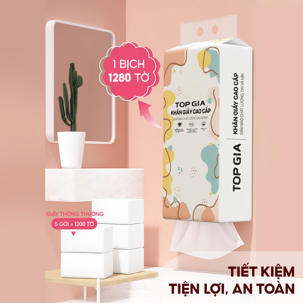 Giấy vệ sinh treo tường TopGia đa sắc, bột gỗ nguyên chất, 1280 tờ 4 lớp thùng 4 bịch