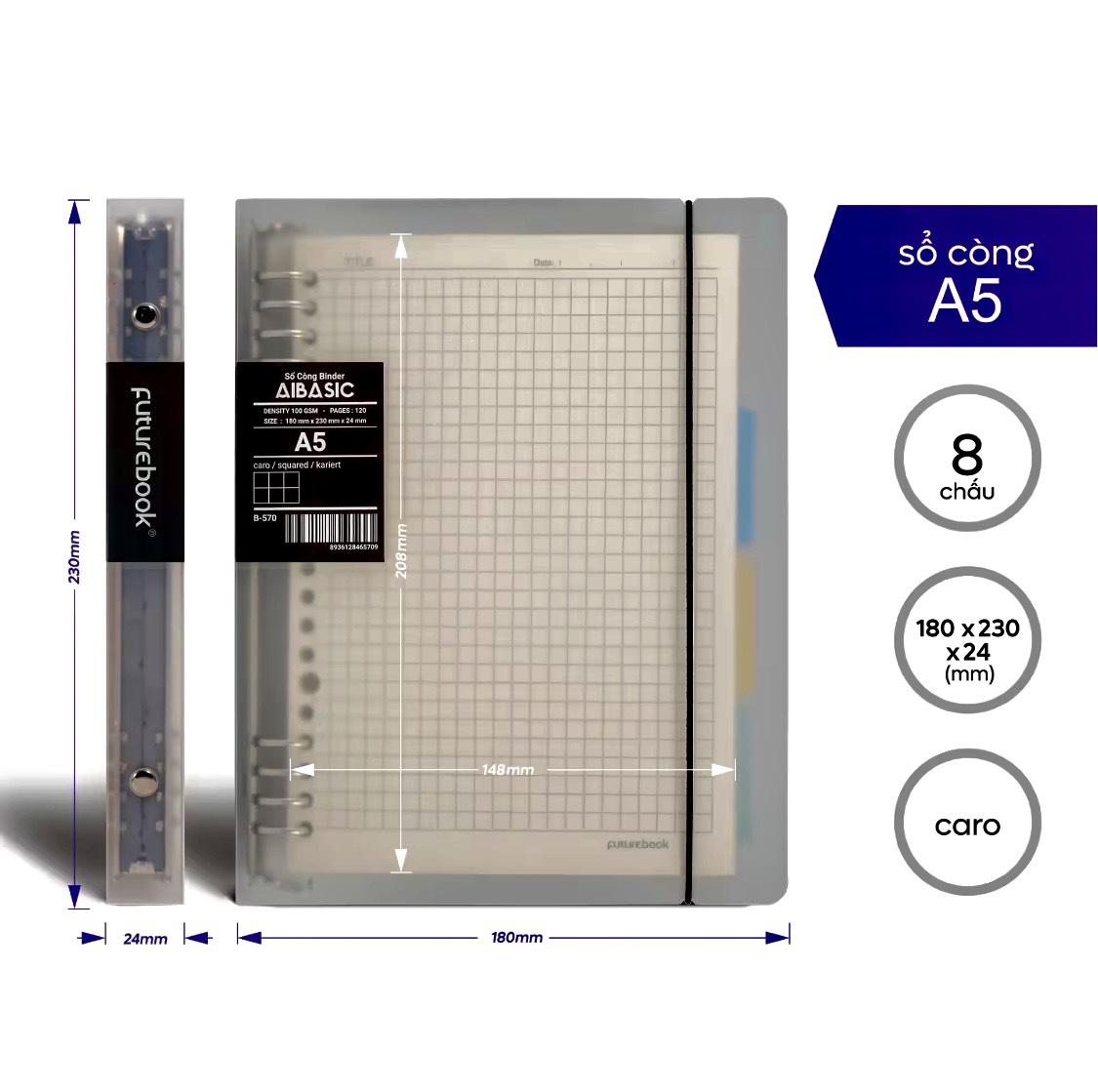 FUTUREBOOK-Sổ Còng Binder Aibasic 8Chấu A5 Kèm Ruột Giấy ReFill 120Trang–Định Lượng100Gsm–Dòng kẻ Caro_Kẻ Ngang_Chấm Dot