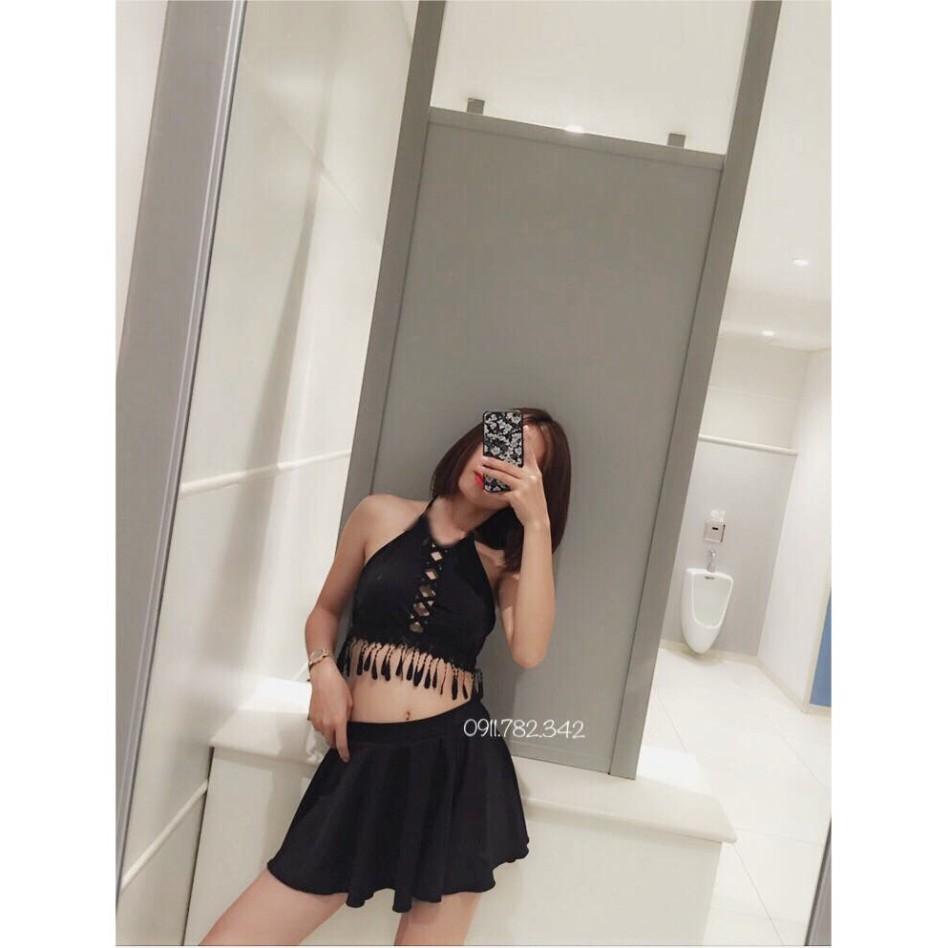 freeship Bikini hai mảnh áo yếm đan ngực váy xòe siêu đẹp kín đáo mặc đi biển đi bơi ( Hàng loại 1)