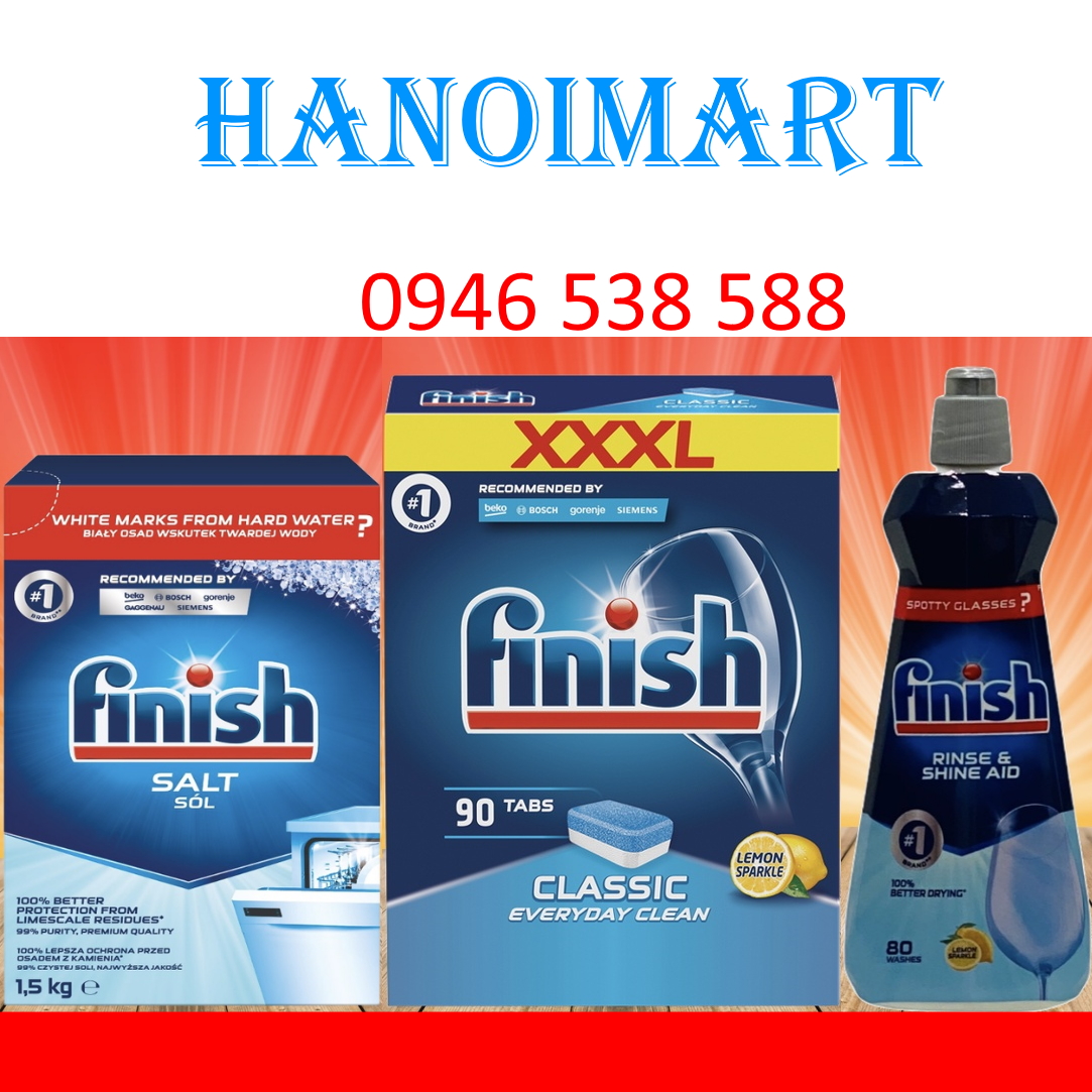 combo Viên rửa chén bát Finish 90 viên + Muối làm mềm nuớc finish 1.2kg + nuớc làm bóng bát chén finish 400ml