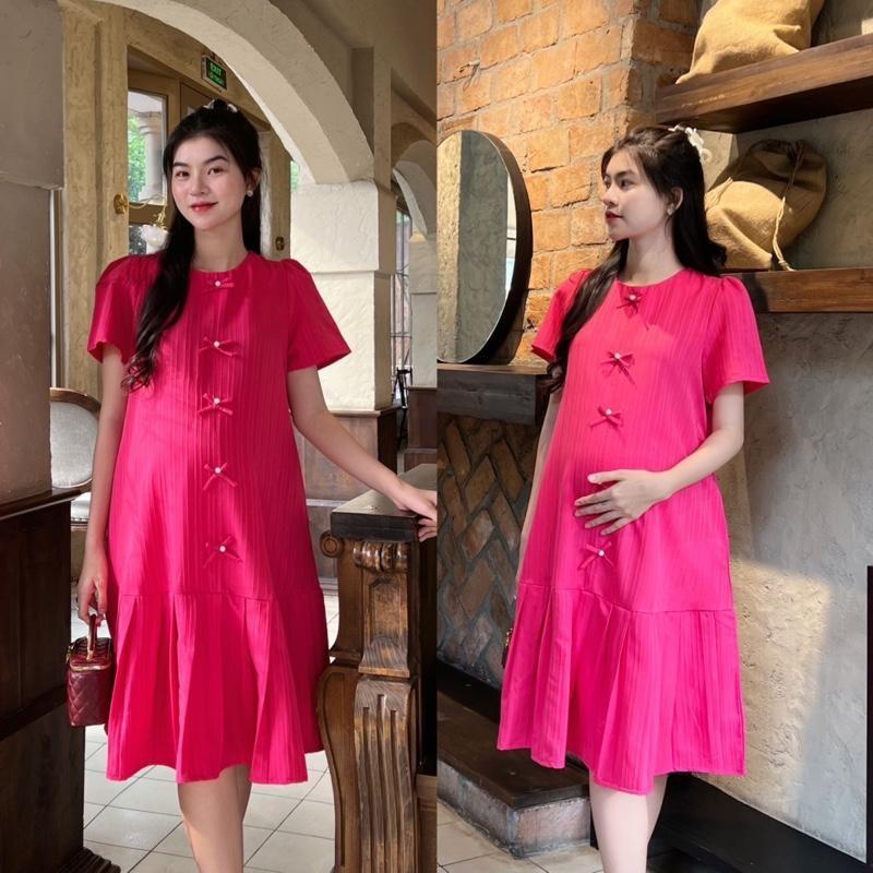 Đầm Bầu Đuôi Cá Xếp Ly Đính Nơ Ngọc Vải Xốp Hàn Xinh Xắn, Trẻ Trung - Xanh Biển