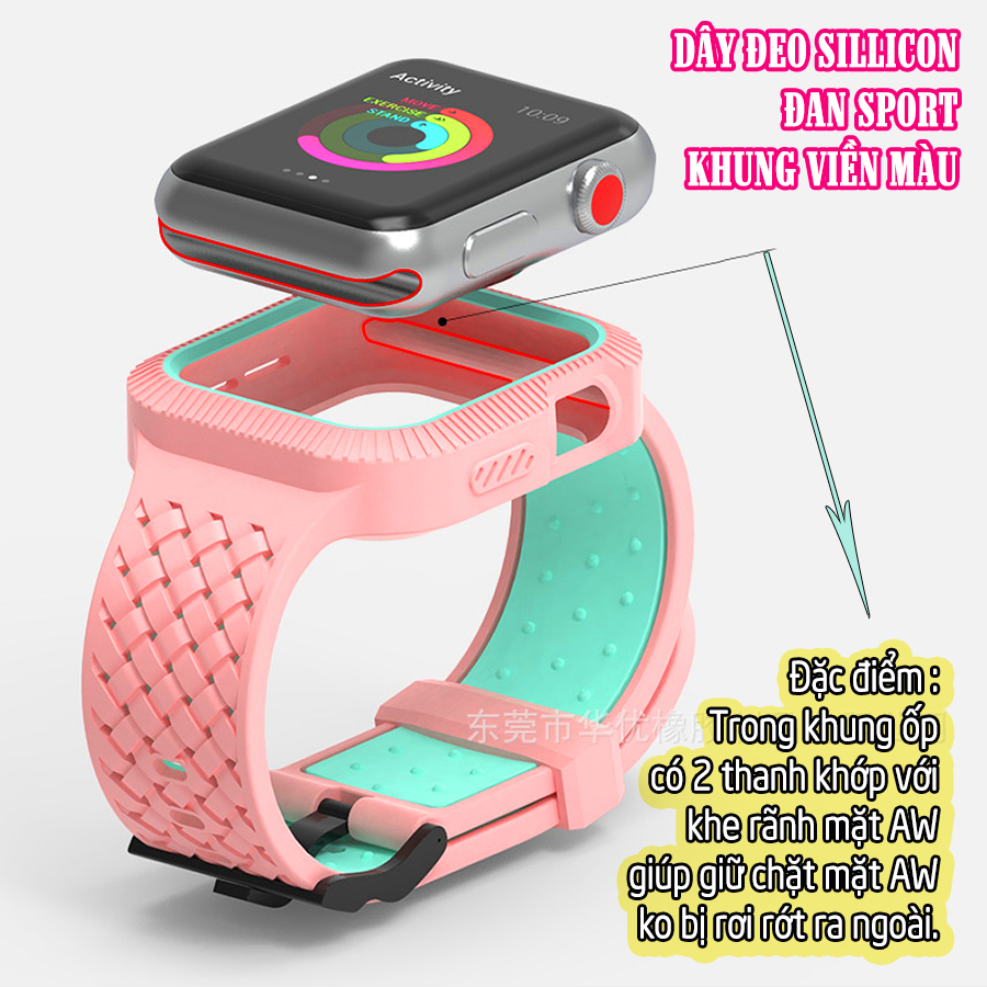 Dây Đeo liền ốp cho dành Apple Watch 7/6/5/4/3/2/1 size 38/40/41/42/44/45mm Đan Sport silicon khung viền màu - nhiều màu (tặng cường lực dẻo theo size)