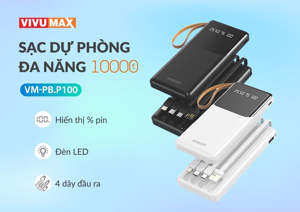 Pin sạc dự phòng Polymer 10.000mAh Vivumax P100 -Tích hợp 4 dây sạc, sạc nhanh 2.4A - Hàng Chính Hãng