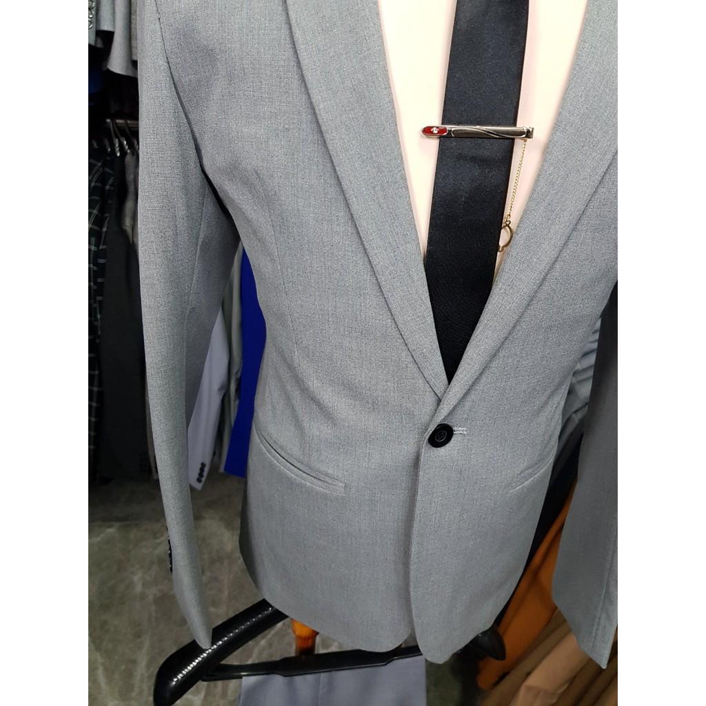 Bộ vest nam form ôm body màu xám ghi chất vải mềm mịn co giãn + cà vạt kẹp