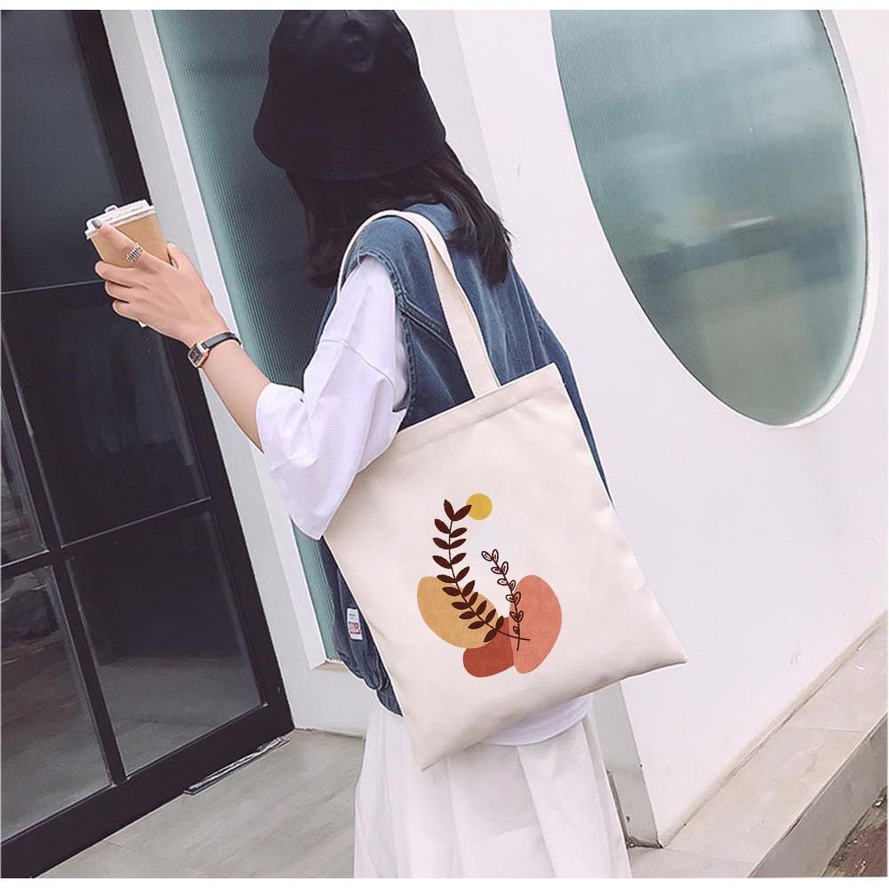 Túi Tote Vải Mộc Ginko kiểu basic có dây kéo khóa miệng túi đựng vừa laptop 14 inch và nhiều đồ dùng khác In Hình Minimalism Art M15