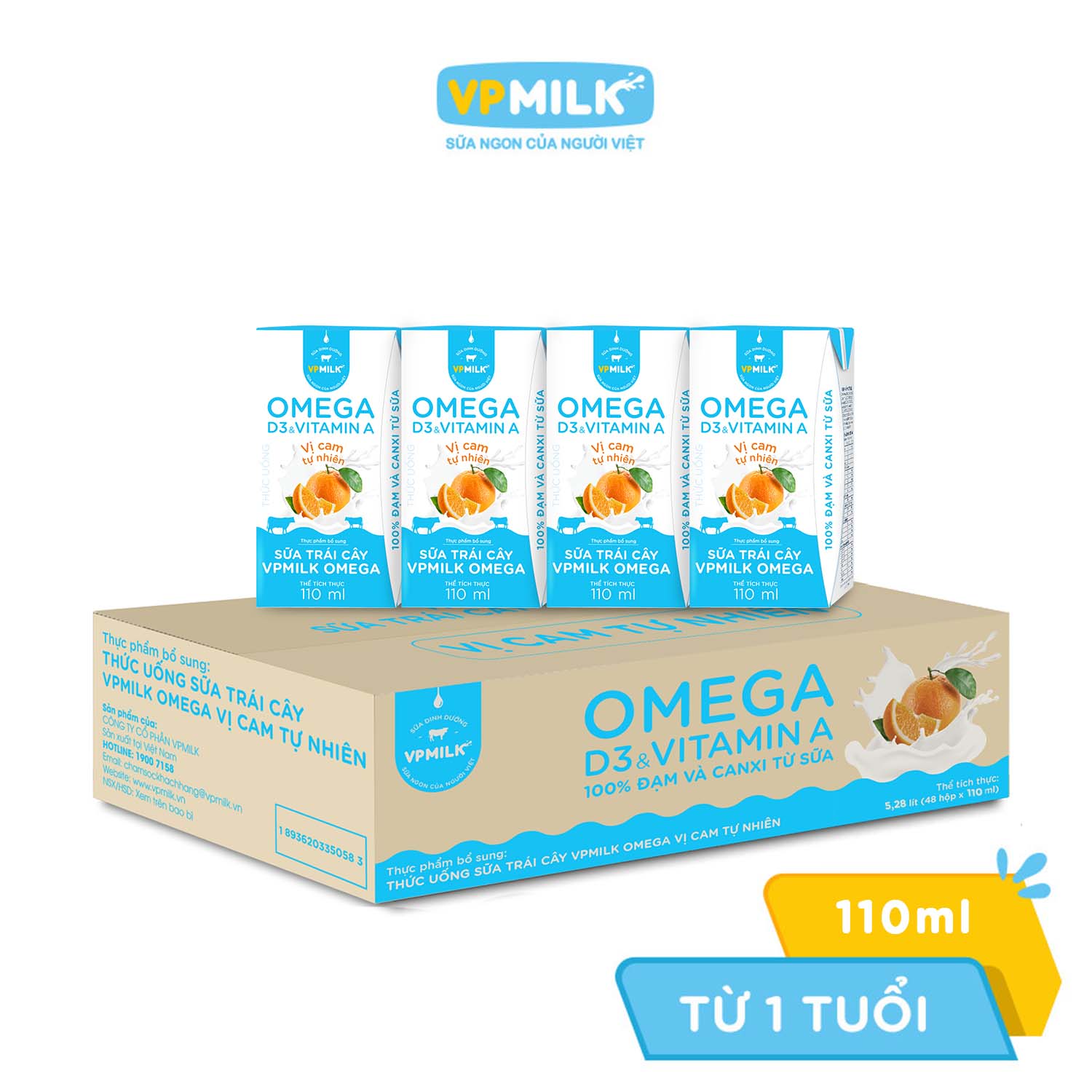 Sữa trái cây VPMILK Omega vị CAM tự nhiên cho bé trên 1 tuổi hộp 110ml (Thùng 48 hộp)