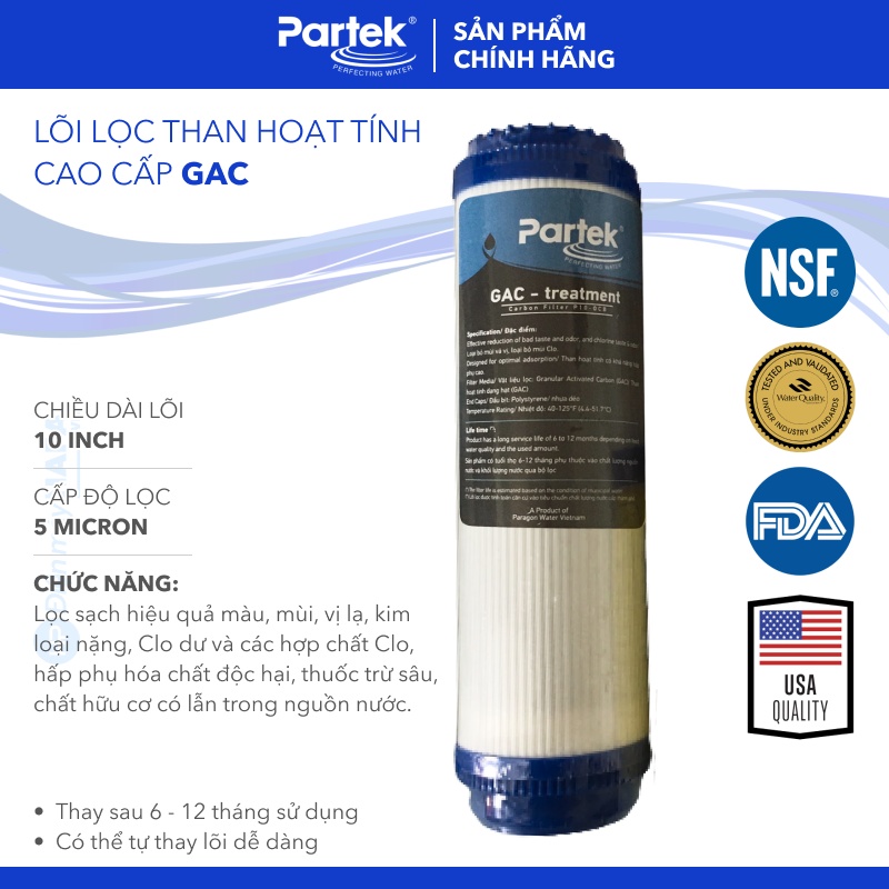 Lõi Lọc 10 inch GAC Cao Cấp PARTEK P10-OCB Than Hoạt Tính Dạng Hạt Chất Lượng Cao - Hàng Chính Hãng