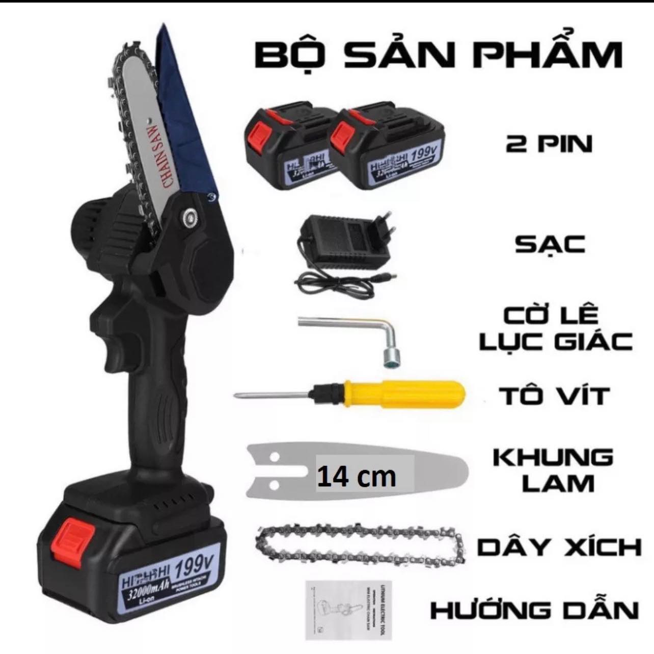 Máy cưa xích cầm tay - máy cưa mini dùng pin 199V cưa gỗ cầm tay cực khỏe cực bền bảo hành 6 tháng