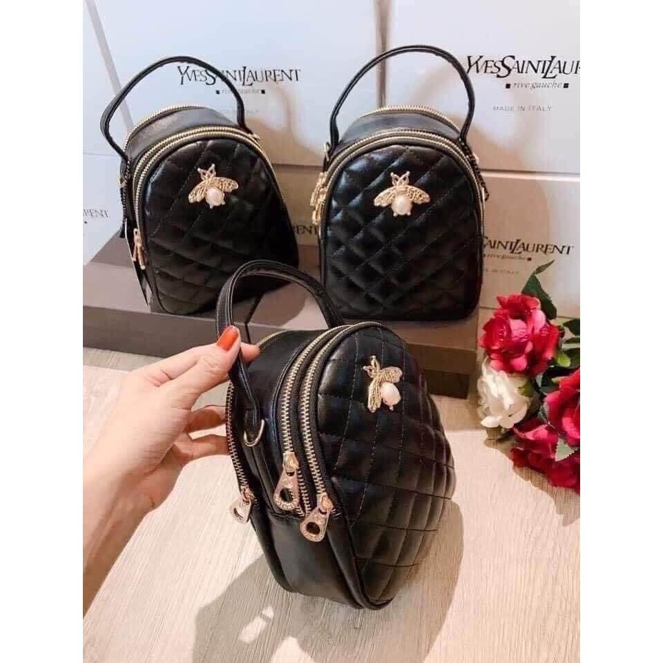 Balo mini con ong màu đen3 ngăn kết hợp đeo chéo