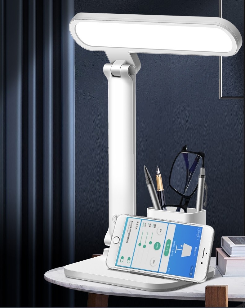 Đèn led để bàn học tích điện W6072GB có kệ đựng bút, điện thoại với 3 chế độ sáng bảo vệ mắt chống cận thị