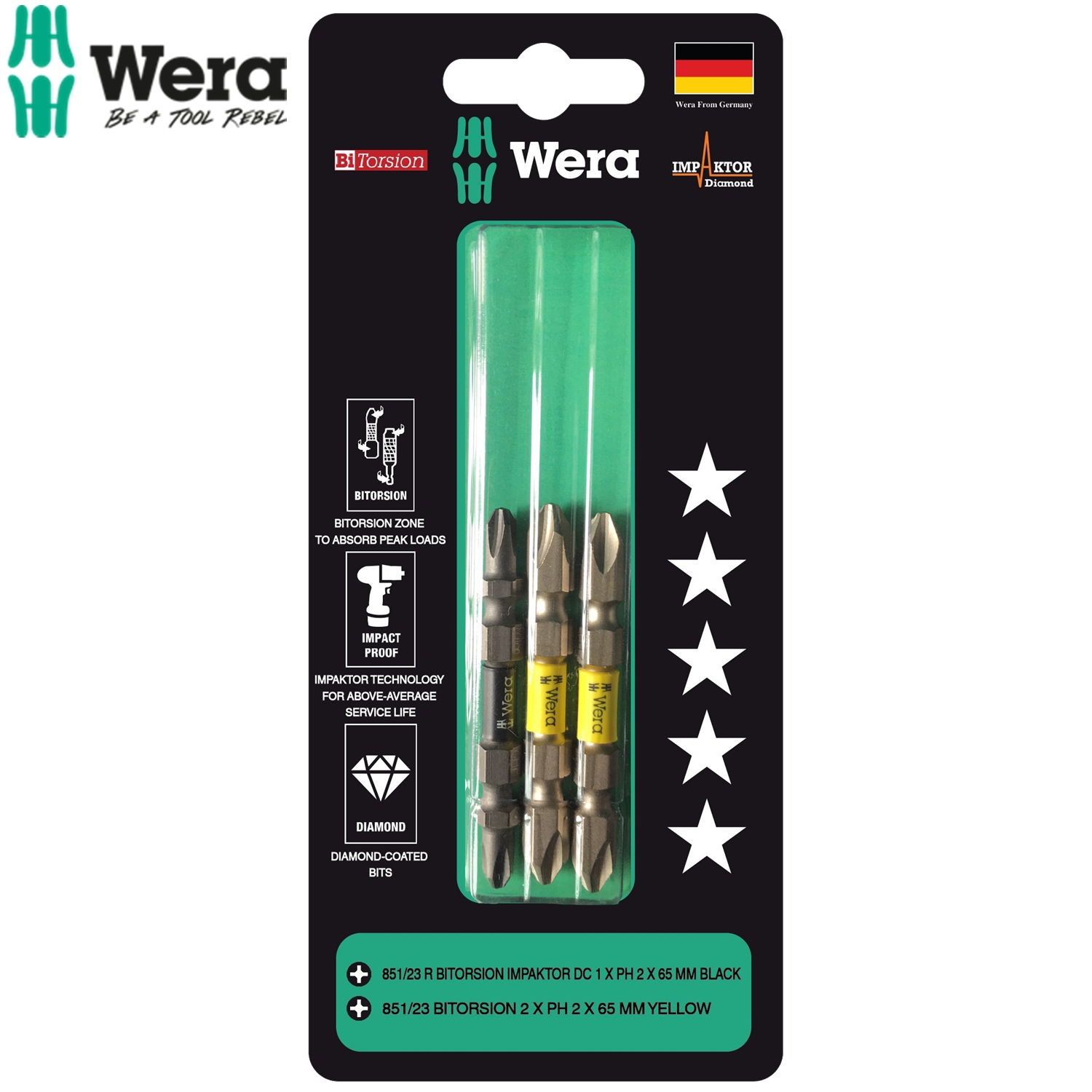 Bộ mũi vít cao cấp 2 đầu 4 cạnh Wera 05344516001 1xPH2x65mm Black và 2xPH2x65mm Yellow BiTorsion Impaktor DC dùng trực tiếp máy khoan bắt vít