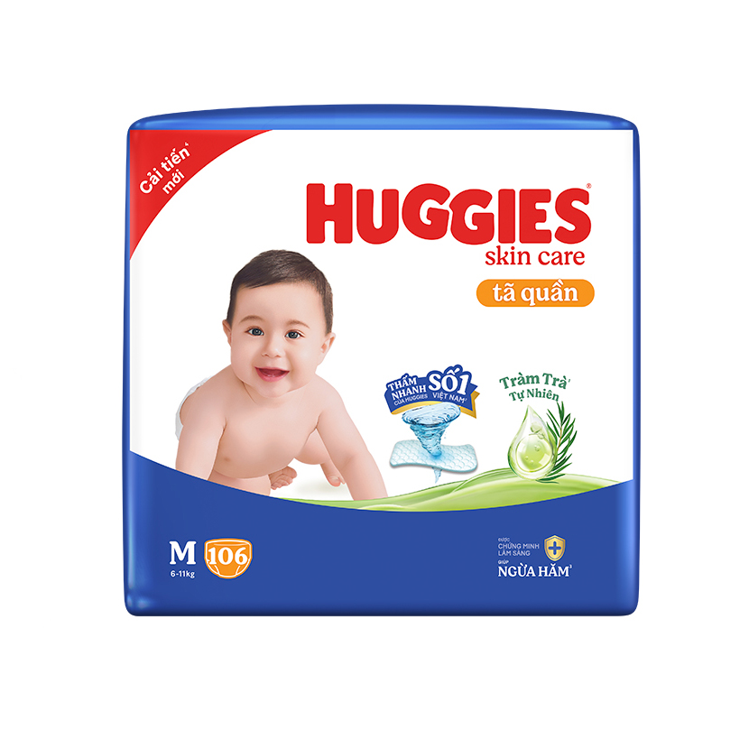 Tã/bỉm quần Huggies Skin Care Mega Jumbo M106 miếng với tràm trà dịu da