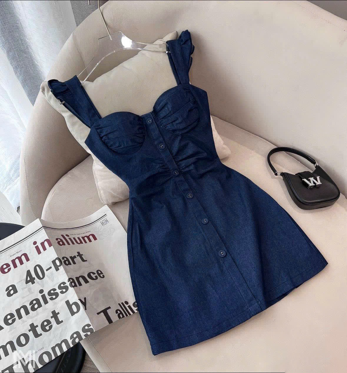 Đầm jean 2 dây bèo cúc đóng có mút Ánh Dương Clothing M203, váy jean 2 dây