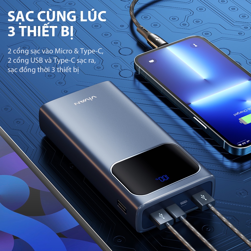 Pin Sạc Dự Phòng Sạc Nhanh VIVAN VPB-C20 20000mAh Hiển thị đèn LED  Hỗ trợ sạc nhanh PD+QC3.0 22.5W - Hàng Chính Hãng