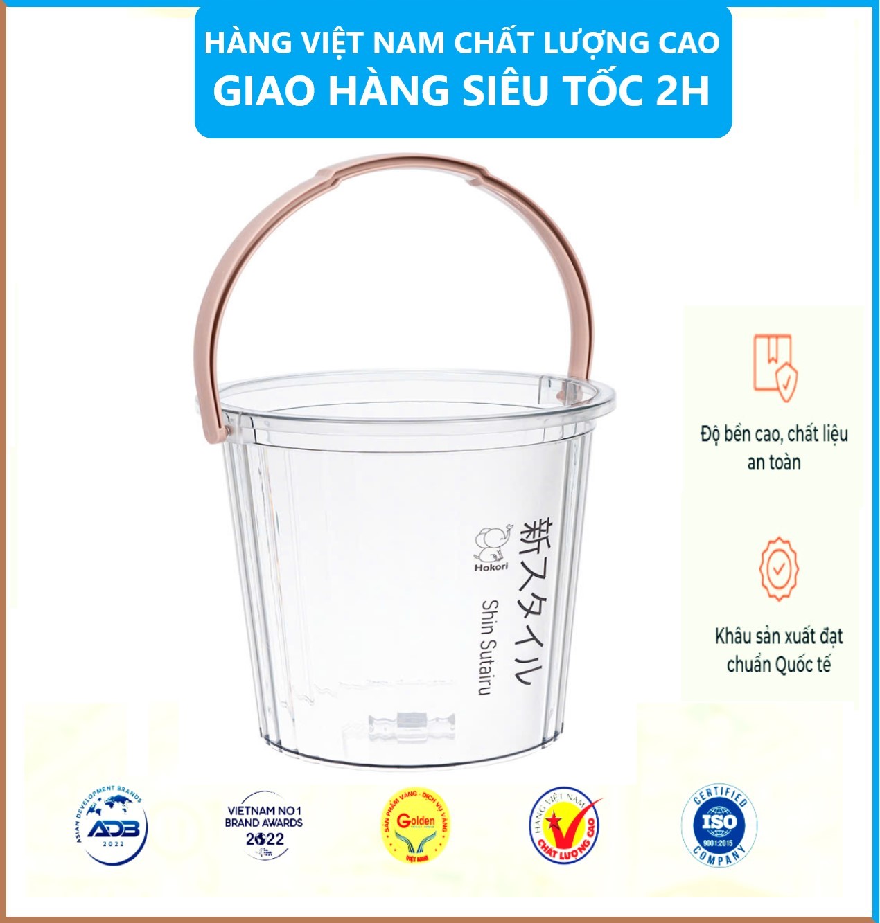 Xô trong 10L Hokori 5228, Xô đựng nước trong suốt, Xô đựng đá có quai xách trong suốt dày dặn Việt Nhật - Hàng Việt Nam