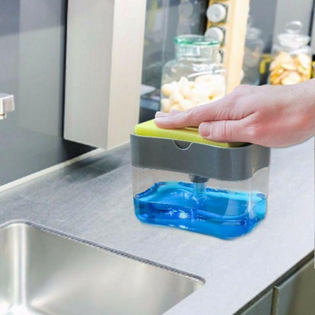 Hộp để xà phòng nhấn thả tặng kèm miếng rửa chén tạo bọt