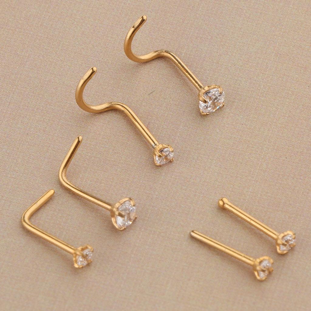 2x6 Pieces Stainless Steel Zircon Crystal Screw Curved Nose Piercing Gold