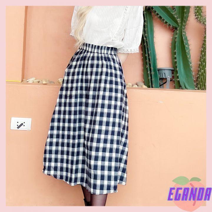 Chân váy dài chất vải thô Quảng Châu dáng suông vintage kẻ ô vuông phong cách Hàn Quốc(ảnh thật shop chụp