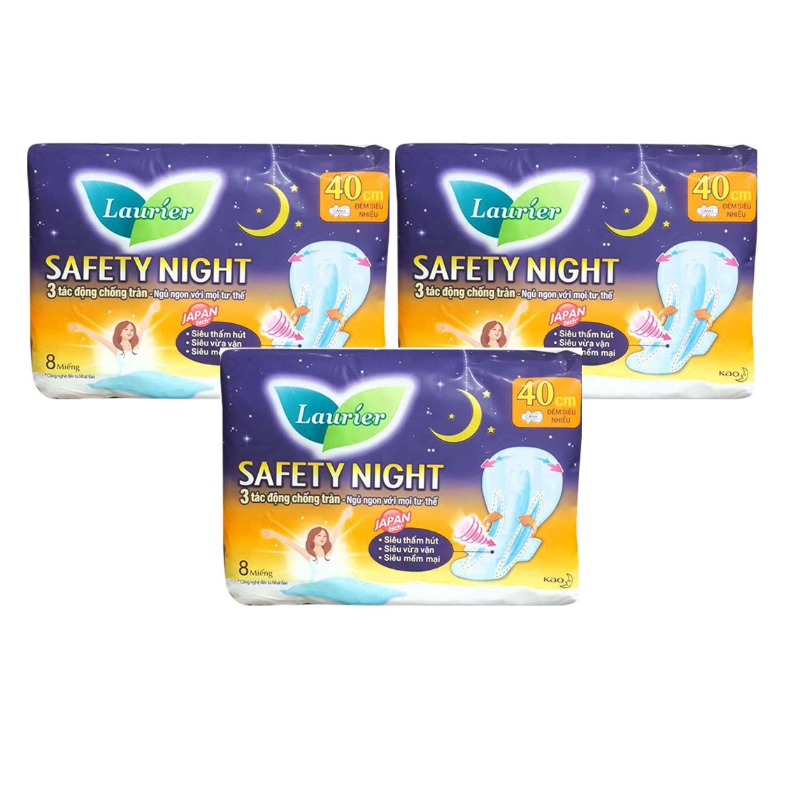 Combo 3 gói Băng Vệ Sinh Ban Đêm Laurier Safety Night chống tràn [40cm-8M]