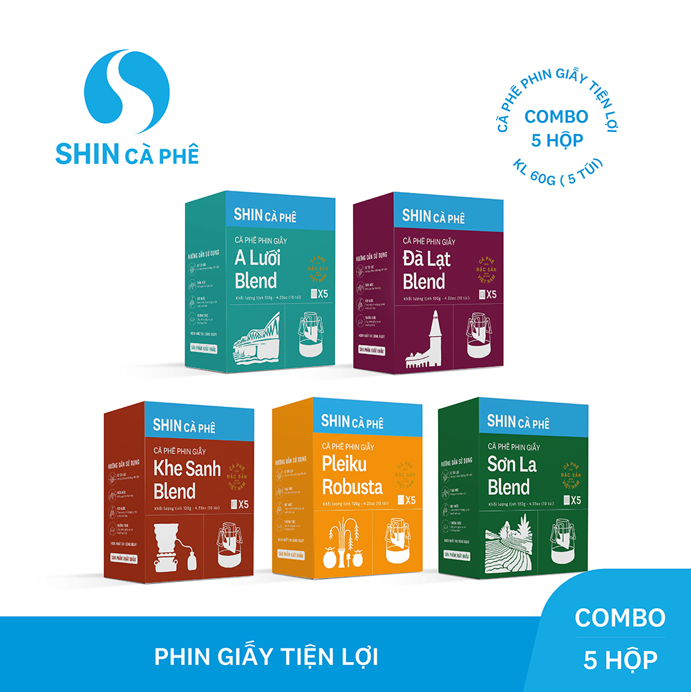 SHIN Cà Phê - Combo Sơn la và Đà Lạt - Phin giấy tiện lợi hộp 5 gói