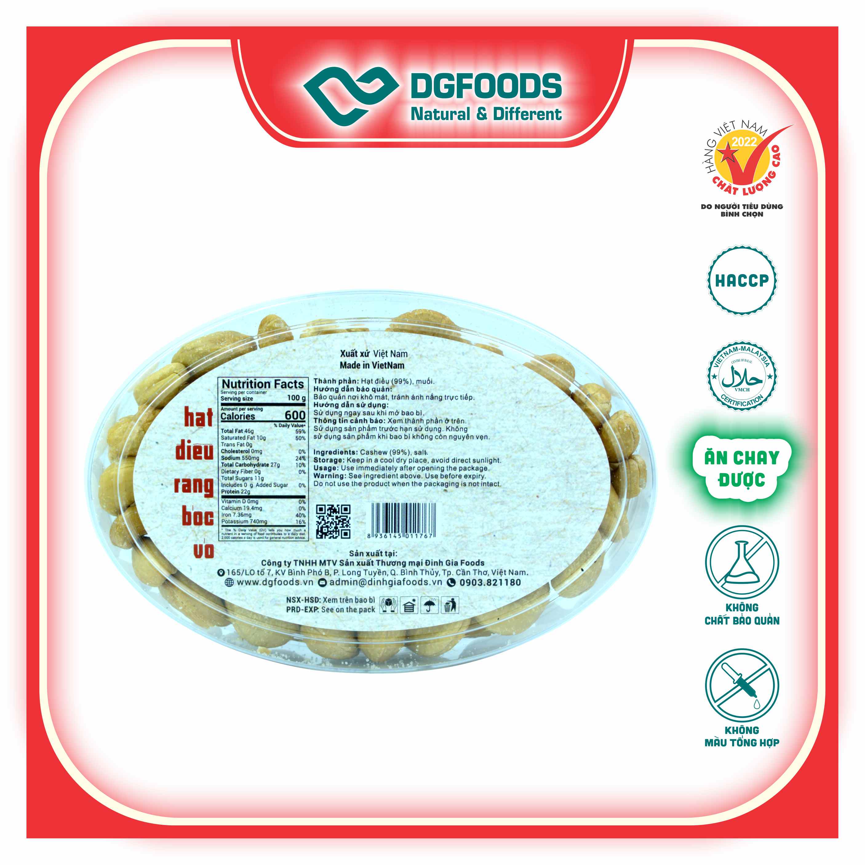 Hạt Điều Rang bóc vỏ Dgfoods 160g/hộp Oval, HVNCLC, Haccp, Halal, Ăn chay, Ăn kiêng, Đặc sản Cần Thơ, hạt điều Bình Phước, hạt dinh dưỡng, quà Tết, hàng Tết, quà tặng, quà tặng cao cấp