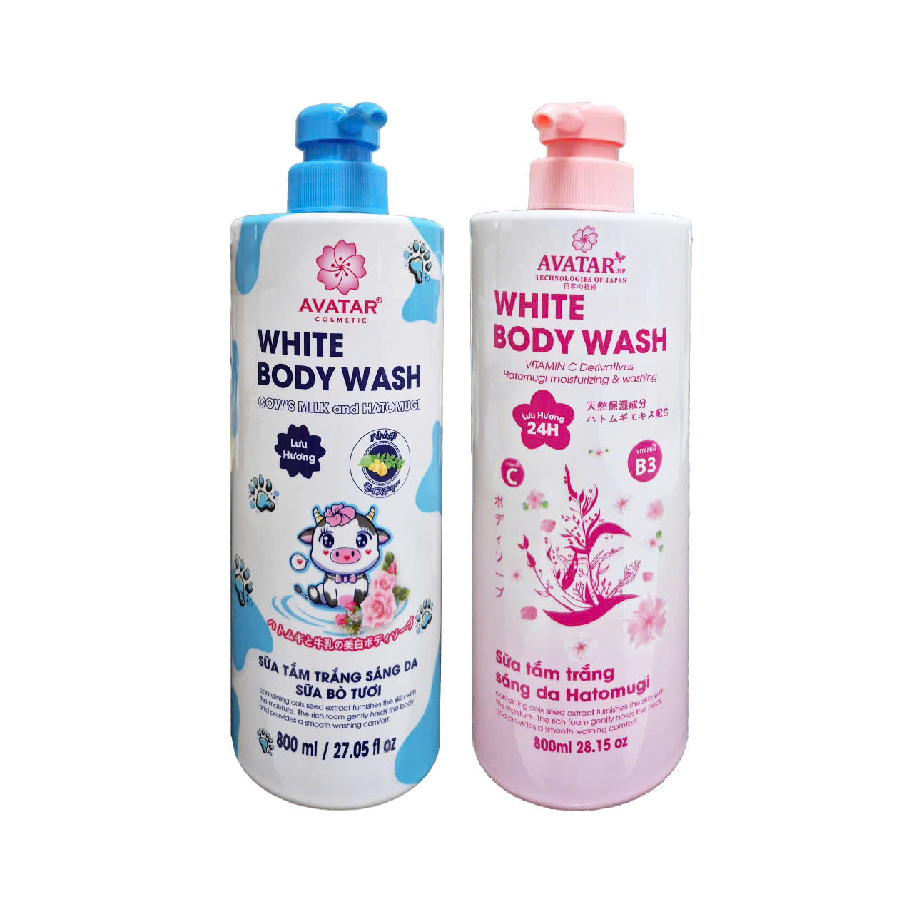 Combo 2 Chai Sữa Tắm Trắng Sáng Da Avatar White Body Wash (1 Chai Sữa Bò Tươi 800mL và 1 Chai Hạt Ý Dĩ 800mL )