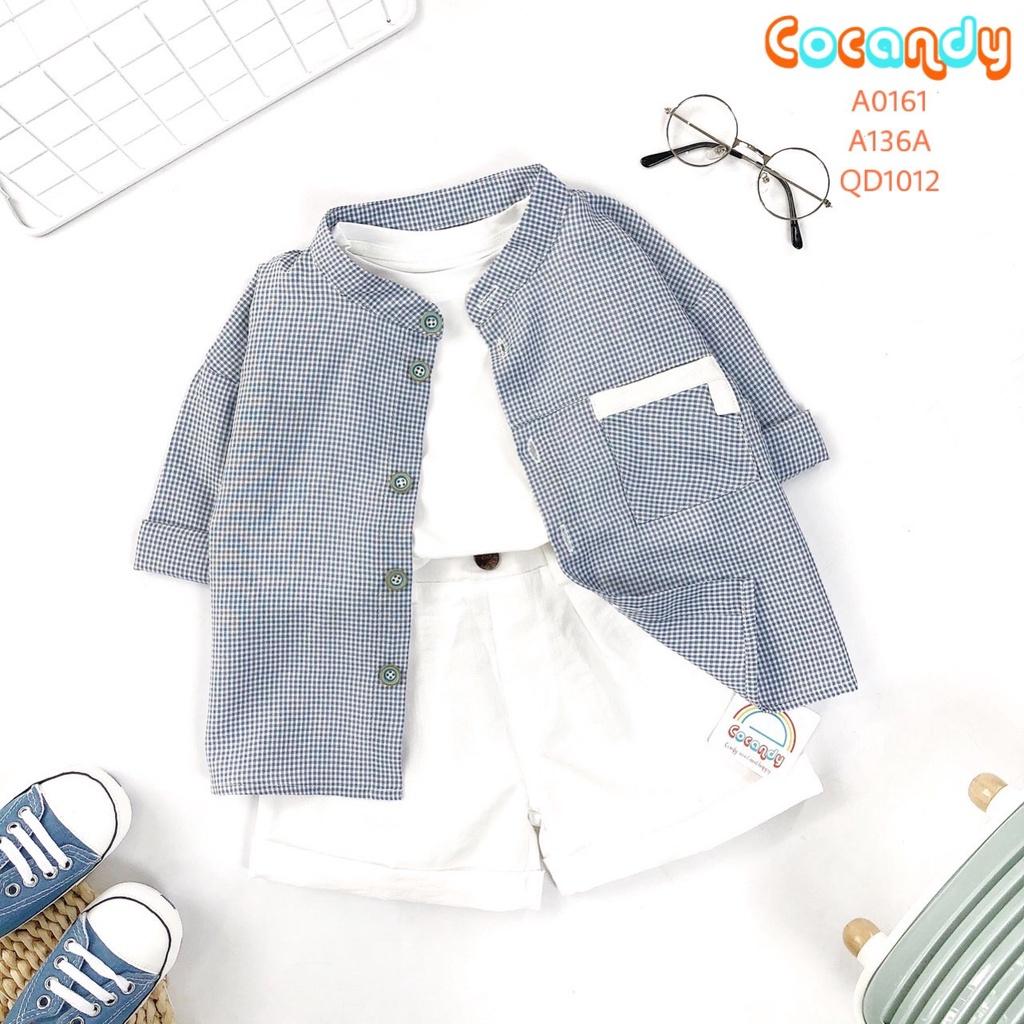 Set đồ cho bé- Áo sơ mi dài tay caro XANH, áo thun và quần cộc trắng cho bé của COCANDY mã A0161, A136A, QD101200