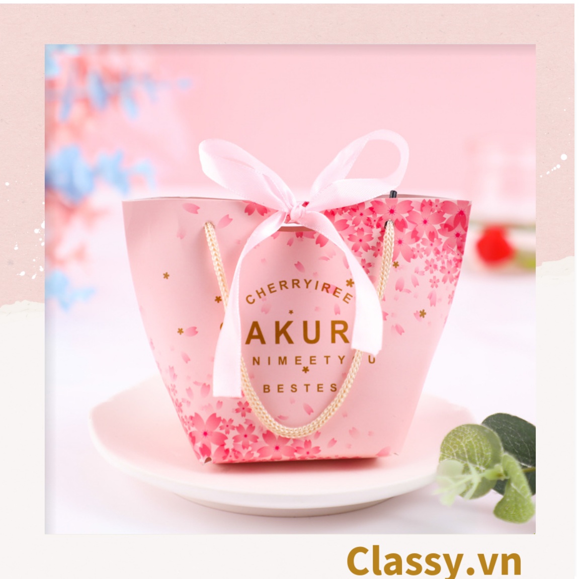 Classy Túi giấy đựng quà thắt nơ in hình dễ thương 14 X 7 X 10 CM đựng son, trang sức, quà tặng đám cưới, lễ tết