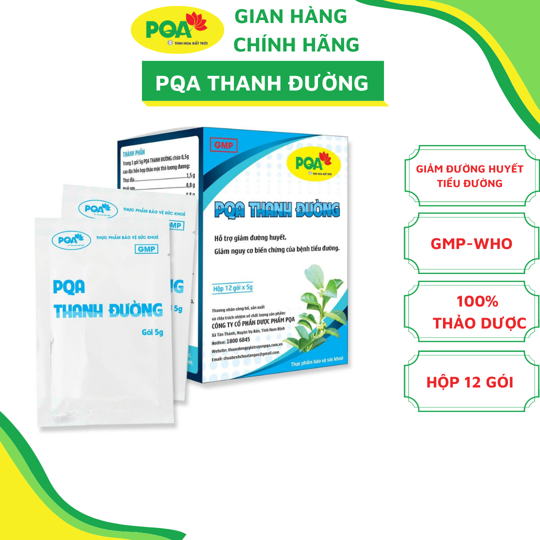 PQA Thanh Đường là dược phẩm thảo dược hỗ trợ giảm đường huyết giảm nguy cơ biến chứng của bệnh tiểu đường cho người bị tiểu đường, người có đường huyết cao.