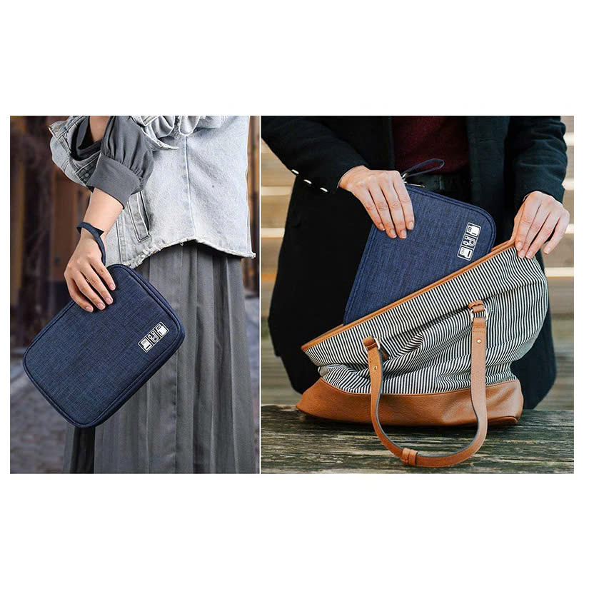 Hộp Túi Vải Đựng Phụ Kiện Công Nghệ Đa Năng Nhiều Ngăn Chống Thấm Nước Túi Phụ Kiện Du Lịch Cho Cáp Sạc Di Động, Sạc Dự Phòng, Điện Thoại, Tai Nghe, Thẻ Nhớ MÀU ĐEN 24x17x3.5cm - Hàng Chính Hãng + Kèm 1 Mét Dây Gai Dính Tròn Buộc Gọn Cáp