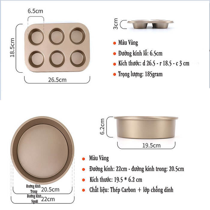 Bộ 5 Khuôn Nướng Bánh Chống Dính Cao Cấp Chất Liệu Thép Carbon - khuôn nướng bánh mì, pizza, cupcake